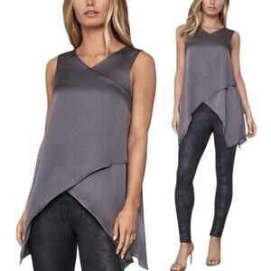 BCBGMaxazria Satin Sleeveless Asymmetrical Wrap Front Blouse Top Charcoal - S